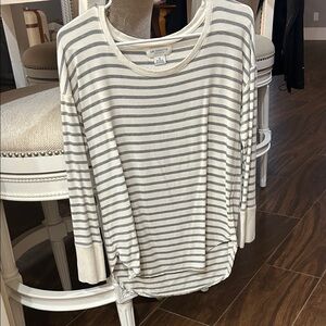 Liz Claiborne Women's Long Sleeve Striped Top - Cream and Gray